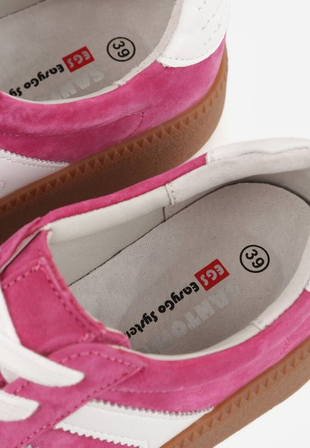 Renee - Fuksjowe Sneakersy Skórzane w Stylu Tenisówek z Geometrycznym Wzorem Eshiryla. Okazja: na co dzień. Kolor: różowy. Materiał: skóra. Wzór: geometria