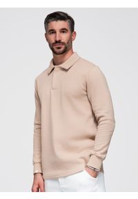 Ombre Clothing - Bluza męska z kołnierzykiem polo ze strukturalnej dzianiny - beżowa V2 - Rozmiar: M. Typ kołnierza: polo. Kolor: beżowy. Materiał: dzianina