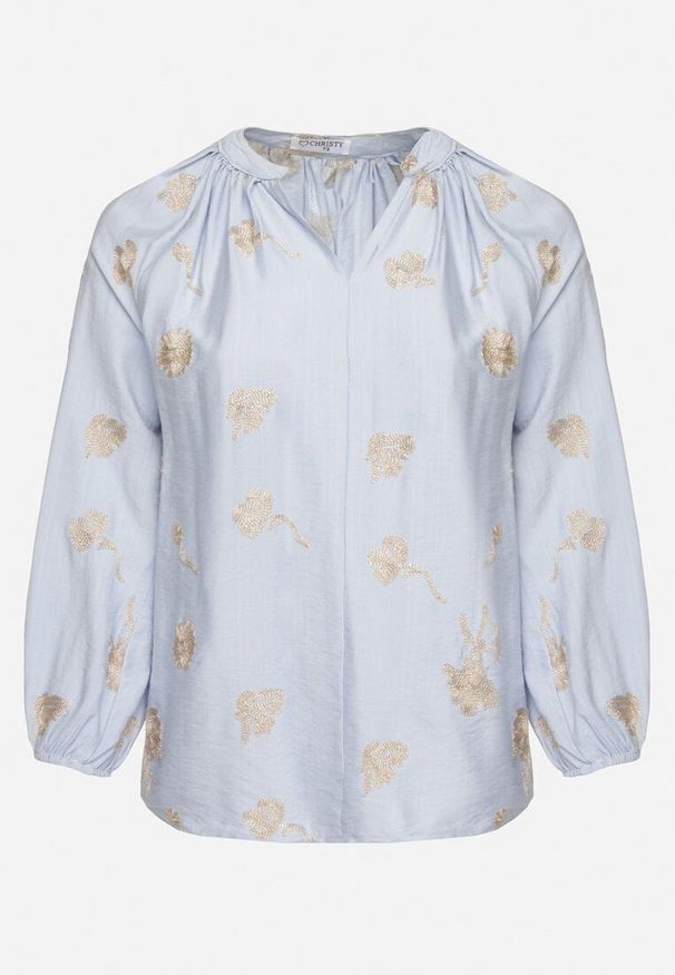 Born2be - Niebieska Bluzka z Dekoltem w Serek i Haftowanymi Zdobieniami z Metaliczną Nicią Sovbia. Typ kołnierza: dekolt w serek. Kolekcja: plus size. Kolor: niebieski. Materiał: jeans. Długość rękawa: długi rękaw. Długość: długie. Wzór: aplikacja, haft