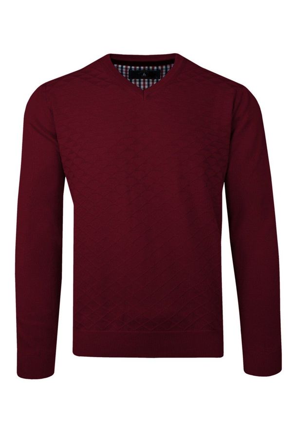 Bartex - Sweter Bordowy w Serek, Bawełniany, Tłoczony Wzór, V-neck, Męski -BARTEX. Okazja: do pracy, na spotkanie biznesowe, na co dzień. Typ kołnierza: dekolt w serek. Kolor: czerwony. Materiał: bawełna. Styl: casual, klasyczny, elegancki, biznesowy