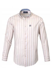 Biała, Lekko Taliowana Koszula Męska - Pako Jeans - Beżowy Prążek. Okazja: na co dzień. Kolor: brązowy, beżowy, wielokolorowy. Materiał: wiskoza, bawełna. Wzór: paski. Styl: casual #7