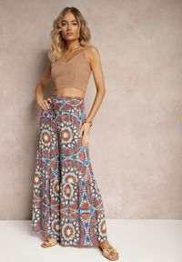 Renee - Niebiesko-Pomarańczowe Spodnie Typu Palazzo z Wiskozy High Waist z Gumką w Pasie Bistalia. Okazja: na co dzień. Stan: podwyższony. Kolor: niebieski. Materiał: wiskoza. Długość: długie. Styl: wizytowy, casual #3