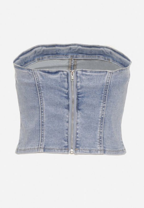 Born2be - Niebieski Jeansowy Krótki Top Gorsetowy Efiloe. Typ kołnierza: dekolt gorset. Kolor: niebieski. Materiał: jeans. Długość: krótkie. Sezon: lato