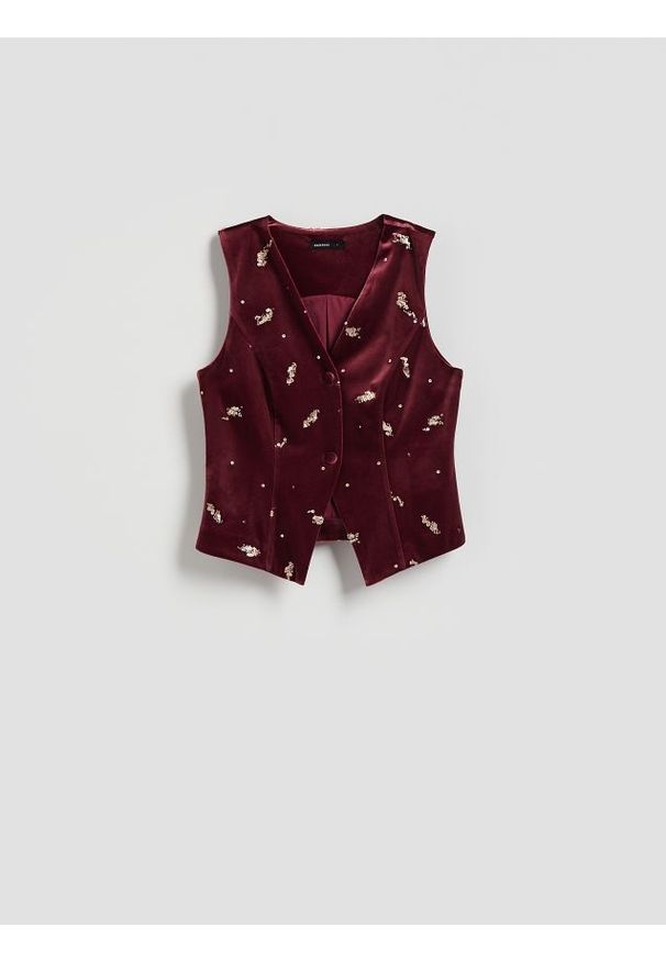 Reserved - Welurowa kamizelka z aplikacją - burgundowy. Kolor: czerwony. Materiał: welur. Wzór: aplikacja