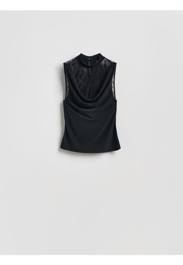 Reserved - Top z koronką - czarny. Kolor: czarny. Materiał: koronka. Wzór: koronka