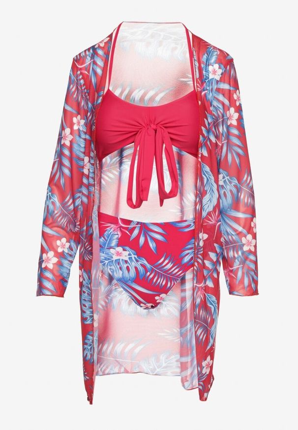 Born2be - Czerwone Bikini Wiązany Biustonosz i Majtki Figi z Dodatkową Narzutką z Siateczki Zareliah. Kolor: czerwony. Materiał: len. Wzór: aplikacja