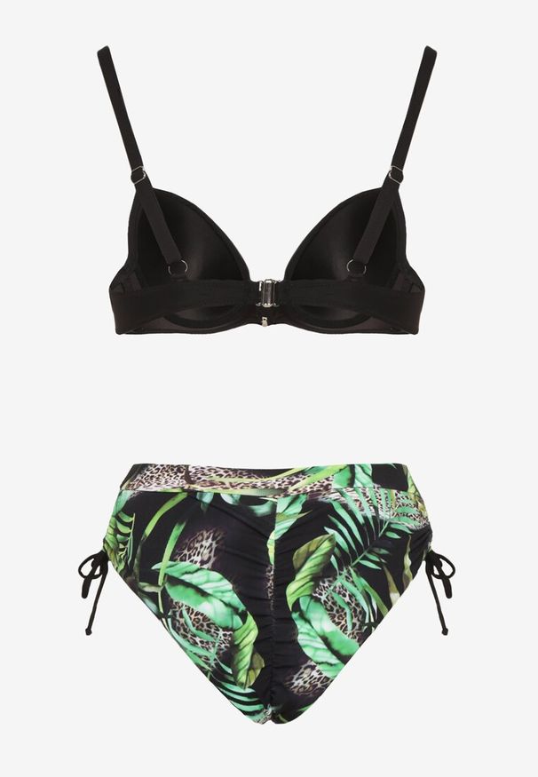 Renee - Czarne Bikini z Motywem Roślinnym Biustonosz i Majtki Figi ze Ściągaczami Sadorene. Kolor: czarny. Wzór: aplikacja