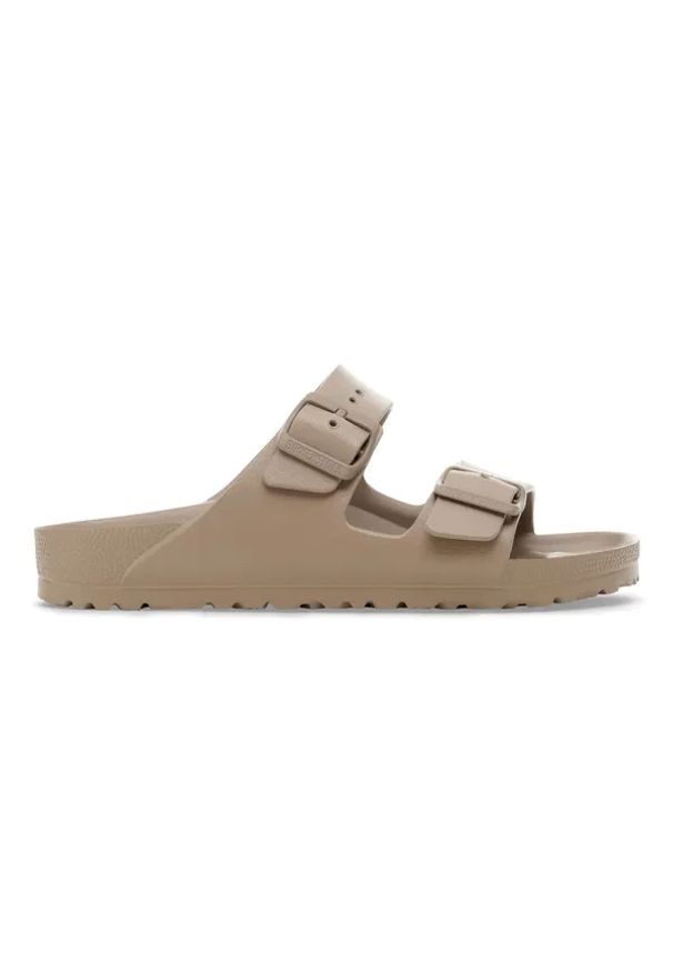 Klapki damskie Birkenstock Arizona EVA Gray Taupe. Okazja: na co dzień, na plażę. Kolor: brązowy. Materiał: materiał. Wzór: paski. Sezon: lato. Styl: casual, klasyczny