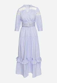 Born2be - Jasnoniebieska Sukienka z Kopertowym Dekoltem o Rozkloszowanym Kroju z Paskiem Latavia. Okazja: na imprezę. Typ kołnierza: dekolt kopertowy. Kolor: niebieski. Materiał: skóra. Długość rękawa: długi rękaw. Wzór: aplikacja. Typ sukienki: kopertowe. Styl: elegancki #3