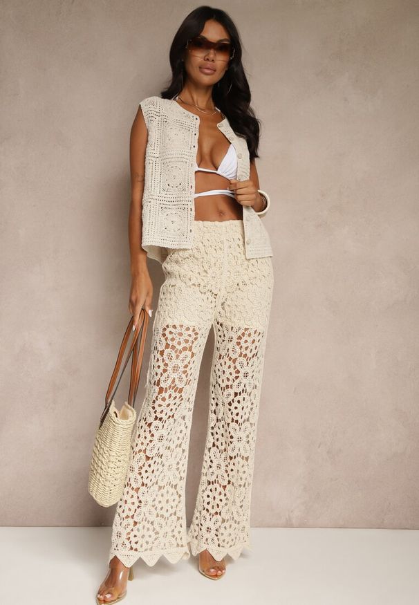 Renee - Beżowa Kamizelka Szydełkowa z Bawełny Halireia. Okazja: na co dzień. Kolor: beżowy. Materiał: bawełna. Wzór: aplikacja. Styl: wizytowy, casual, elegancki