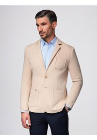 Ombre Clothing - Męska marynarka SLIM z dzianiny o subtelnej strukturze – beżowa V5 - Rozmiar: XL. Okazja: do pracy. Kolor: beżowy. Materiał: dzianina. Wzór: kolorowy. Styl: klasyczny