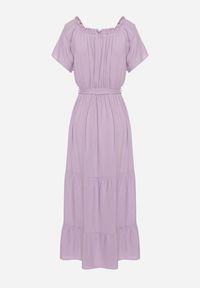 Born2be - Fioletowa Sukienka z Wiskozy Telephanassa. Typ kołnierza: dekolt hiszpanka. Kolor: fioletowy. Materiał: wiskoza. Długość rękawa: krótki rękaw. Wzór: gładki. Typ sukienki: rozkloszowane. Długość: maxi #3