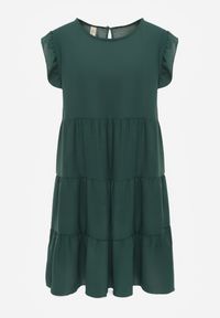 Renee - Ciemnozielona Sukienka z Krótkim Rękawem i Ozdobnymi Falbankami o Rozkloszowanym Kroju Vetesa. Okazja: na co dzień. Typ kołnierza: kołnierz z falbankami. Kolor: zielony. Materiał: wiskoza, jeans. Długość rękawa: krótki rękaw. Typ sukienki: proste. Styl: casual, klasyczny #7