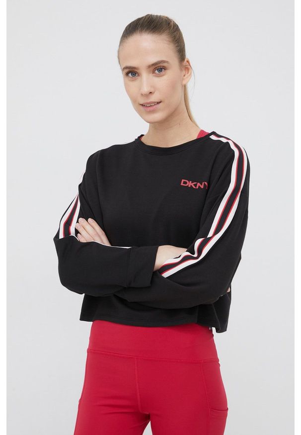 DKNY - Dkny bluza piżamowa damska kolor czarny. Kolor: czarny. Materiał: dzianina. Długość: długie. Wzór: aplikacja