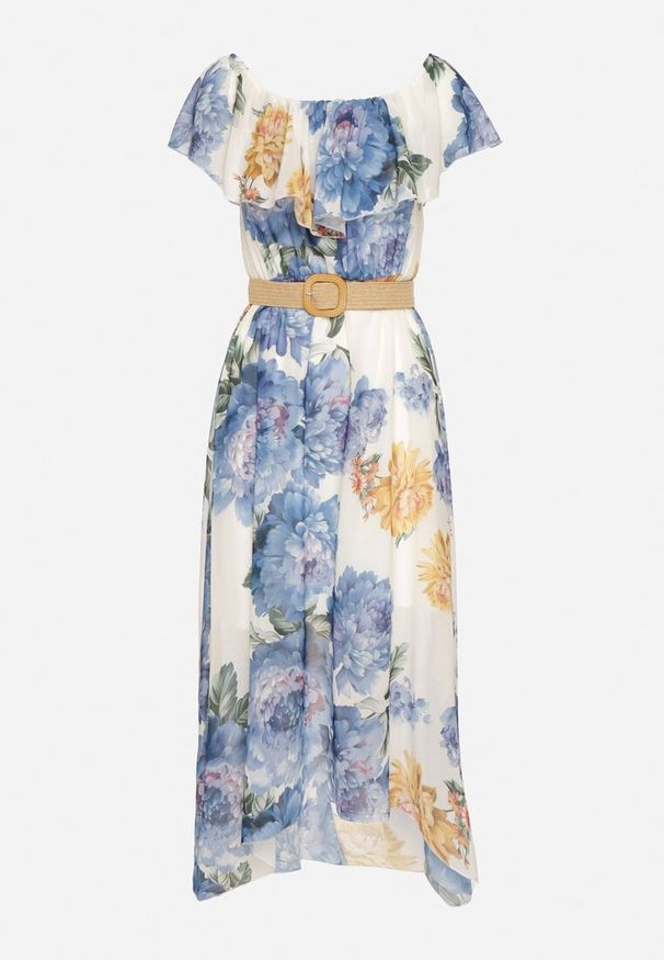 Born2be - Niebieska Sukienka Typu Hiszpanka w Kwiaty z Paskiem Sademire. Okazja: na co dzień. Typ kołnierza: dekolt hiszpanka. Kolor: niebieski. Wzór: kwiaty. Styl: casual