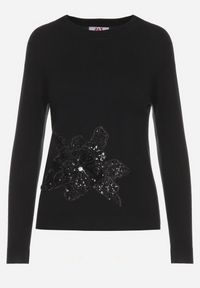 Born2be - Czarny Sweter Ozdobiony Cekinami Koralikami i Cyrkoniami w Kształcie Kwiatka Romiella. Okazja: na co dzień. Kolor: czarny. Materiał: jeans. Wzór: kwiaty, aplikacja. Styl: elegancki, casual, klasyczny #6