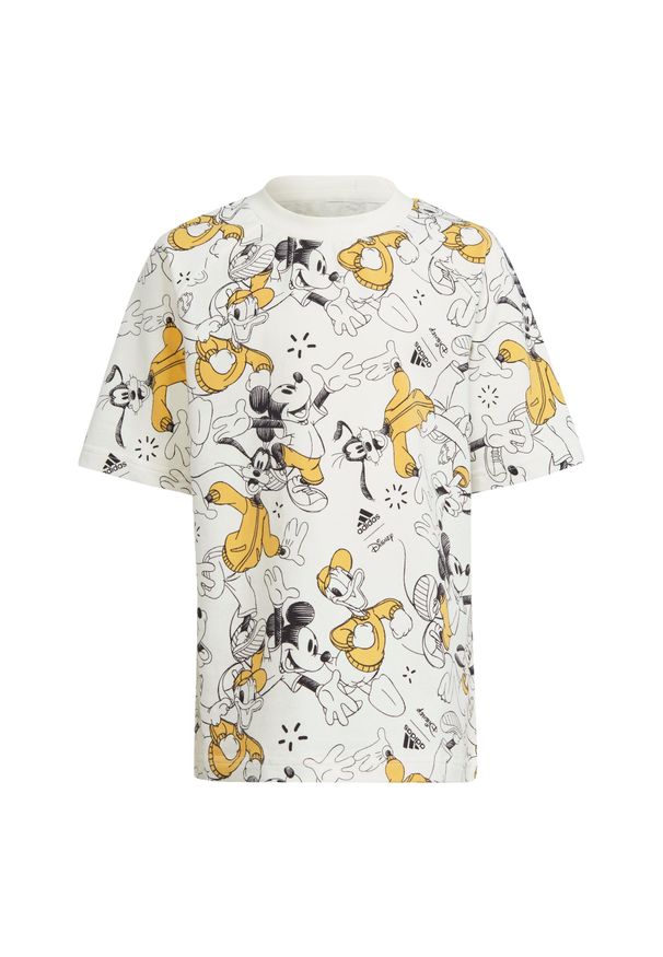 Adidas - Koszulka adidas x Disney Mickey Mouse. Kolor: czarny, biały, wielokolorowy, żółty. Materiał: bawełna. Wzór: motyw z bajki. Sport: joga i pilates