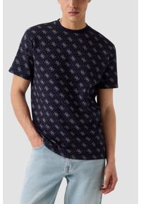 Guess - GUESS Granatowy męski t-shirt w monogram Jacquard 4G Knit, Rozmiar XXL. Okazja: na co dzień. Kolor: niebieski. Styl: casual #1