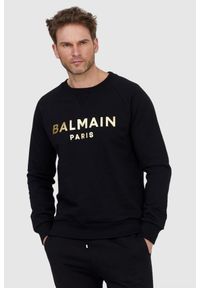 Balmain - BALMAIN Czarna bluza męska ze złotym logo. Kolor: czarny. Materiał: prążkowany, bawełna