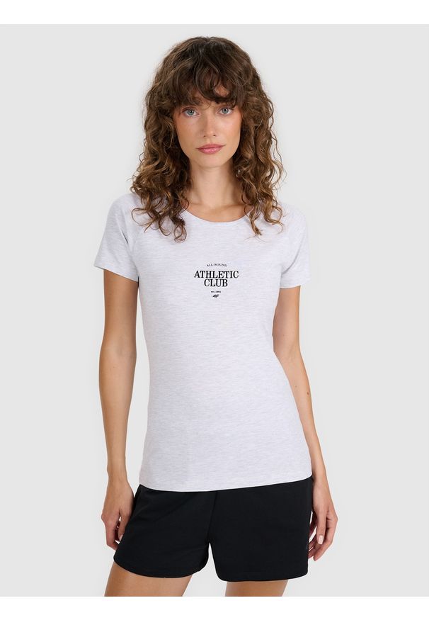 4f - 4F T-shirt slim z nadrukiem damski - szary XL. Okazja: na co dzień. Kolor: szary. Materiał: bawełna, materiał, elastan, jersey. Długość rękawa: raglanowy rękaw. Wzór: nadruk. Styl: klasyczny, sportowy, casual