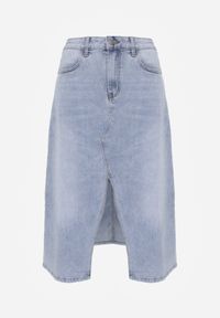 Born2be - Niebieska Jeansowa Spódnica z Bawełną Wysokim Stanem i Rozcięciem z Przodu Cannate. Okazja: na co dzień. Stan: podwyższony. Kolor: niebieski. Materiał: bawełna, jeans. Styl: casual #5