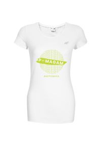 4f - Koszulka damska #4FPOMAGA. Kolor: biały. Materiał: bawełna, dzianina
