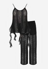 Renee - Czarny Eteryczny Komplet z Koronką i Falbankami Top i Spodnie Wide Leg Pretilaine. Kolor: czarny. Materiał: koronka. Wzór: koronka #5