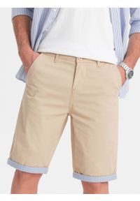 Ombre Clothing - Szorty męskie chinosy z kontrastowym podwinięciem – piaskowe V10. Okazja: na imprezę, do pracy, na co dzień. Materiał: tkanina, elastan, bawełna. Długość: krótkie. Wzór: kolorowy. Sezon: lato. Styl: wakacyjny, casual #4
