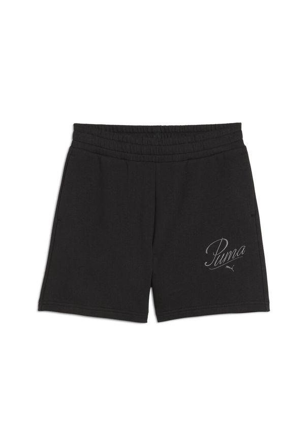 Puma - Damskie szorty z wysokim stanem ESS SCRIPT 5" PUMA Black. Stan: podwyższony. Kolor: czarny