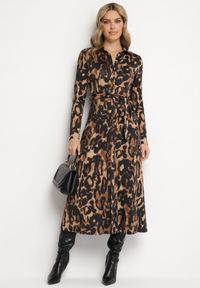 Born2be - Brązowo-Czarna Sukienka Maxi o Koszulowym Fasonie z Wiązaniem mZynlee. Okazja: na co dzień. Kolor: brązowy. Materiał: wiskoza. Typ sukienki: koszulowe. Styl: elegancki, casual, klasyczny. Długość: maxi #2