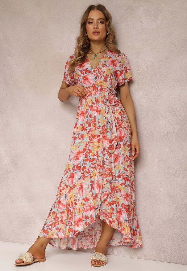 Renee - Czerwono-Niebieska Sukienka Nolwyn. Kolor: czerwony. Materiał: wiskoza. Wzór: kwiaty. Sezon: lato. Typ sukienki: asymetryczne, kopertowe. Długość: midi