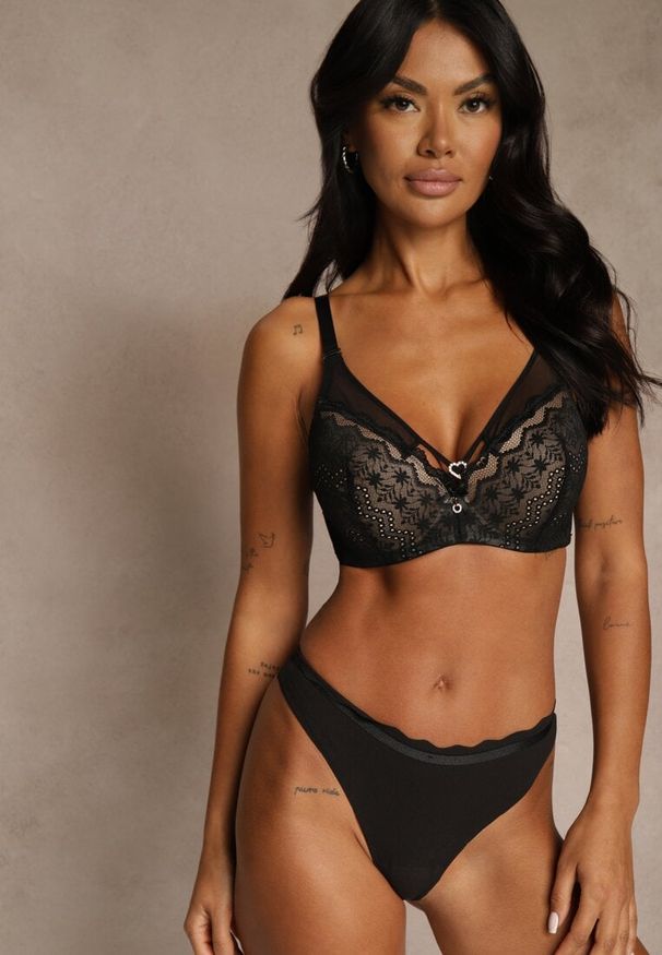 Renee - Czarno-Beżowy Biustonosz z Koronki z Sercem z Cyrkonii Adrievianna. Kolor: czarny. Materiał: koronka. Wzór: koronka