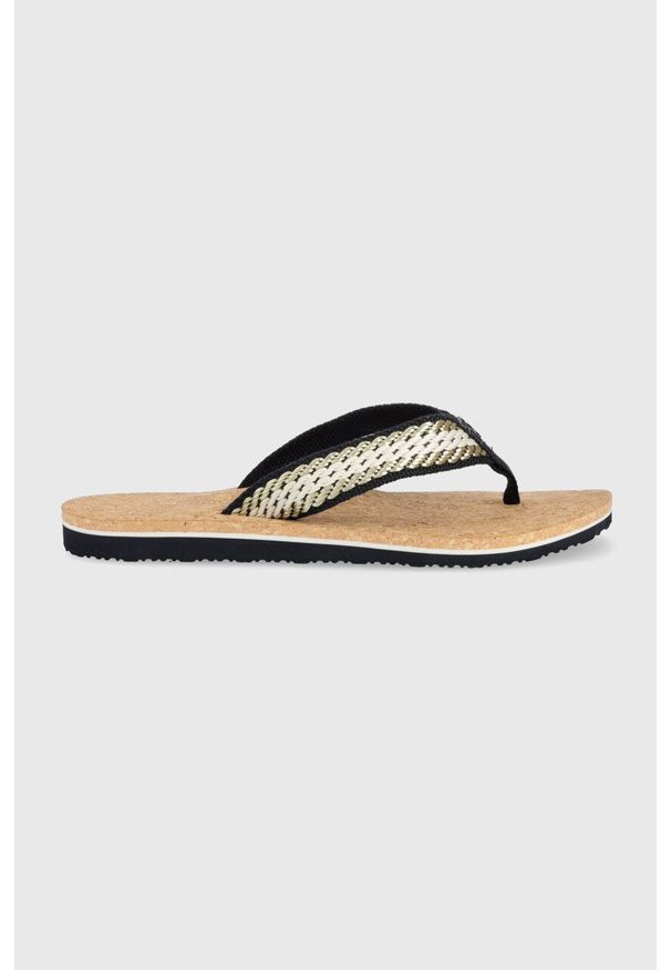 TOMMY HILFIGER - Tommy Hilfiger japonki TH CORK SANDAL damskie kolor granatowy na płaskim obcasie FW0FW07145. Kolor: niebieski. Materiał: materiał. Obcas: na obcasie. Wysokość obcasa: niski