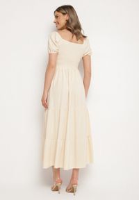 Born2be - Jasnobeżowa Rozkloszowana Sukienka z Dekoltem Typu Hiszpanka z Marszczeniem Lumorice. Okazja: na co dzień. Typ kołnierza: dekolt hiszpanka. Kolor: beżowy. Styl: casual, elegancki #7