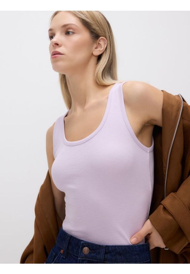 Reserved - LADIES` TOP - lawendowy. Kolor: fioletowy. Materiał: dzianina, bawełna