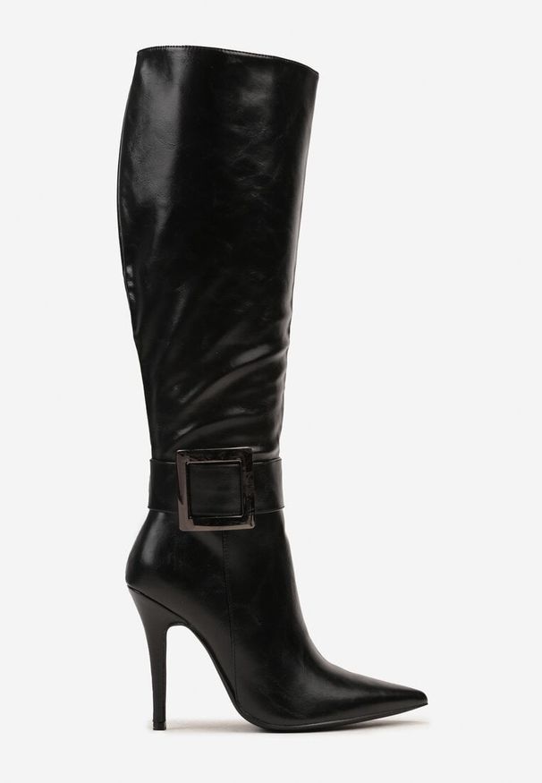 Renee - Czarne Kozaki na Szpilce z Metaliczną Klamrą Evelinna. Okazja: na co dzień. Zapięcie: klamry. Kolor: czarny. Obcas: na szpilce. Styl: wizytowy, klasyczny, casual, elegancki. Wysokość obcasa: średni