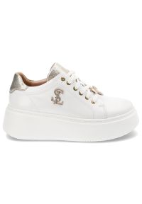 Białe Sneakersy Libero Stylowe Obuwie Damskie Na Platformie. Okazja: do pracy, na co dzień. Kolor: biały. Materiał: skóra. Obcas: na platformie. Styl: elegancki #3