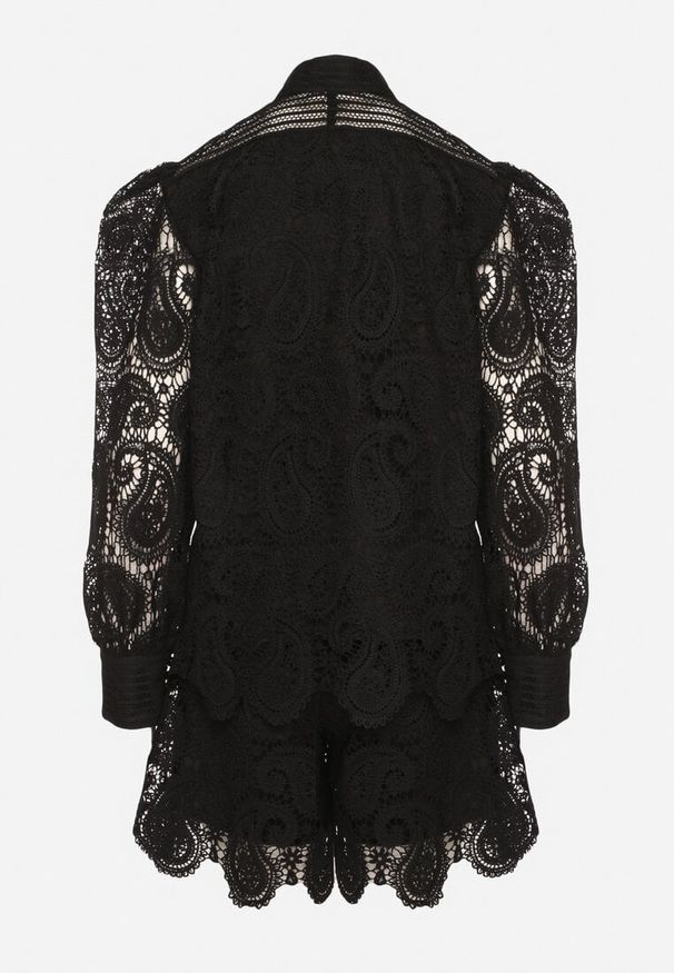 Born2be - Czarny Komplet z Bawełną Koszula i Szorty Ozdobione Ażurowym Wzorem Zeralea. Kolor: czarny. Materiał: bawełna. Wzór: aplikacja, ażurowy