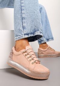 Born2be - Różowe Sneakersy Catkin. Nosek buta: okrągły. Zapięcie: sznurówki. Kolor: różowy. Materiał: jeans. Szerokość cholewki: normalna. Obcas: na platformie #1