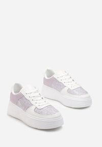 Born2be - Biało-Fioletowe Sznurowane Sneakersy na Grubej Podeszwie z Brokatowym Zdobieniem Samuellis. Kolor: fioletowy. Wzór: aplikacja #4