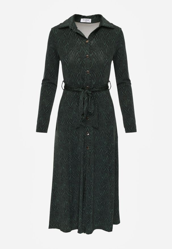 Born2be - Ciemnozielona Rozkloszowana Sukienka Koszulowa z Wiązanym Paskiem Cheresin. Kolor: zielony. Materiał: materiał. Typ sukienki: koszulowe. Długość: midi