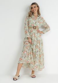 Born2be - Miętowa Rozkloszowana Sukienka Maxi z Kołnierzykiem i Plecionym Paskiem Celline. Kolor: miętowy. Wzór: nadruk, aplikacja, kwiaty. Typ sukienki: kopertowe. Długość: maxi #3