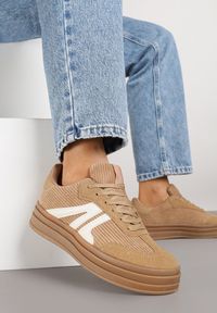 Born2be - Ciemnobeżowe Sneakersy w Stylu Tenisówek na Grubej Podeszwie z Geometrycznym Wzorem Wevirra. Okazja: na co dzień. Kolor: beżowy. Wzór: geometria