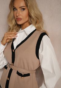 Renee - Beżowy Komplet z Dodatkiem Wiskozy Szerokie Spodnie Kamizelka z Paskiem Koszula Armelia. Kolor: beżowy. Materiał: wiskoza #4