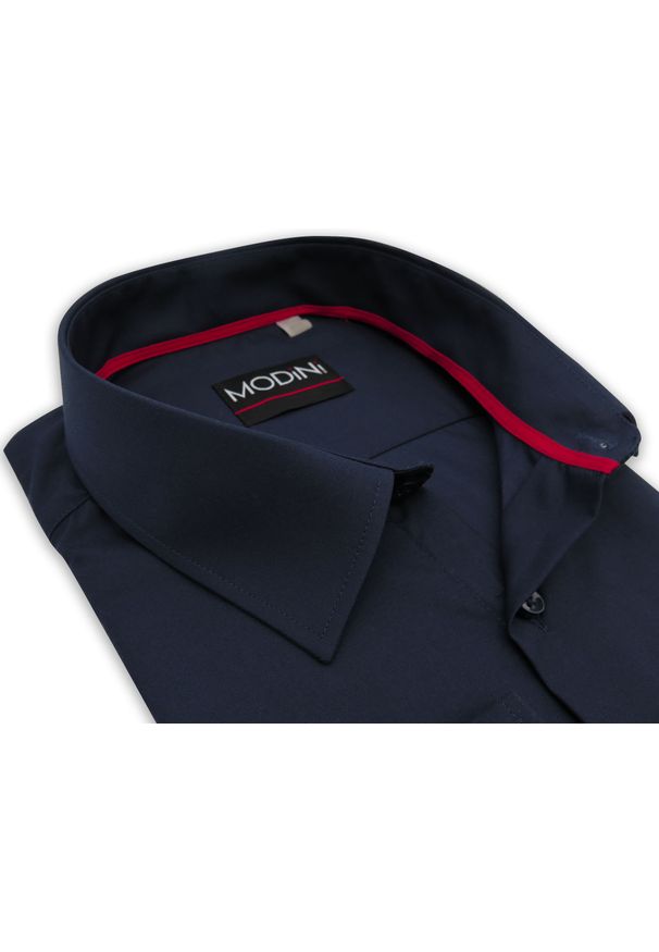 Modini - Granatowa gładka koszula męska A53. Kolor: niebieski. Materiał: bawełna, poliester, tkanina. Długość: długie. Wzór: gładki