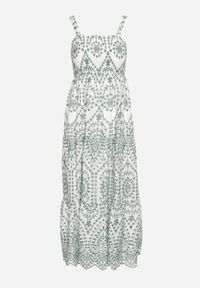 Born2be - Zielono-Biała Bawełniana Sukienka Ozdobiona Haftem Sadonique. Okazja: na co dzień. Kolor: zielony. Materiał: bawełna. Długość rękawa: na ramiączkach. Wzór: aplikacja, haft. Styl: elegancki, casual #6