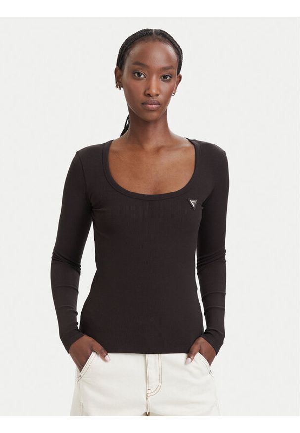 Guess Bluzka V4BP07 K8RT2 Brązowy ciemny Slim Fit. Kolor: brązowy. Materiał: wiskoza
