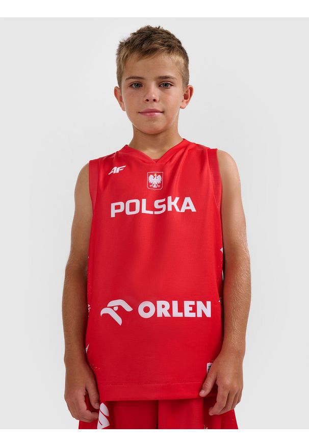 4f - 4F Koszulka reprezentacyjna z możliwością personalizacji dziecięca 4F x PZKOSZ - czerwona 146/152 (10-12 lat). Typ kołnierza: dekolt w serek. Kolor: czerwony. Materiał: włókno, syntetyk, materiał. Wzór: nadruk, napisy. Sezon: lato. Styl: klasyczny, sportowy