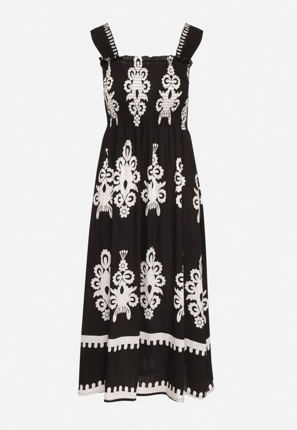 Born2be - Czarna Wiskozowa Sukienka o Rozkloszowanym Kroju w Ornamentny Wzór Adoxie. Okazja: na spacer, na co dzień. Kolor: czarny. Materiał: wiskoza. Długość rękawa: na ramiączkach. Typ sukienki: rozkloszowane, proste. Styl: casual, klasyczny