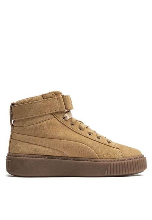 Buty do chodzenia damskie Puma Suede Platform Mid Jr. Zapięcie: rzepy. Kolor: brązowy. Materiał: materiał, skóra, tkanina, syntetyk. Szerokość cholewki: normalna. Obcas: na platformie. Model: Puma Suede. Sport: turystyka piesza